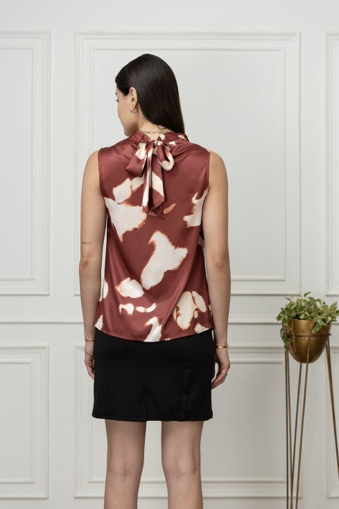 Printed Satin Cowl Neck Top