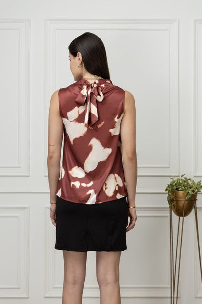 Printed Satin Cowl Neck Top