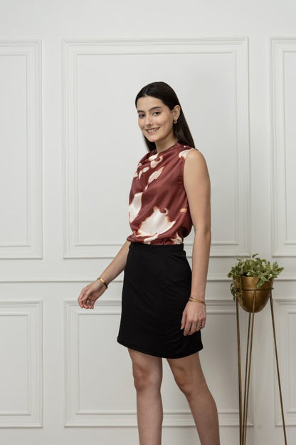 Printed Satin Cowl Neck Top