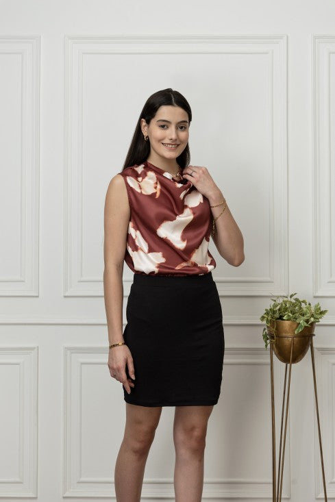 Printed Satin Cowl Neck Top