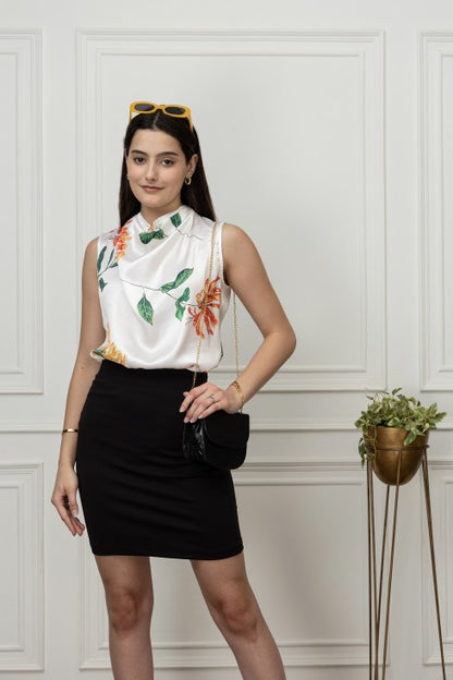 Floral Satin Cowl Neck Top