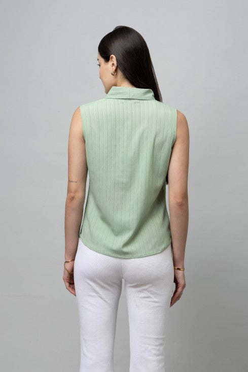 Solid Sleeveless Textured Tie Neck Top