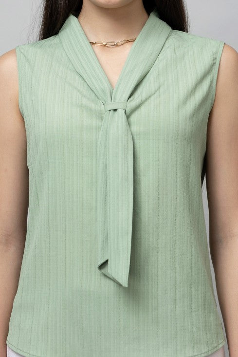 Solid Sleeveless Textured Tie Neck Top