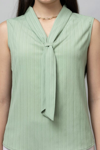 Solid Sleeveless Textured Tie Neck Top