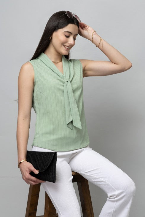 Solid Sleeveless Textured Tie Neck Top
