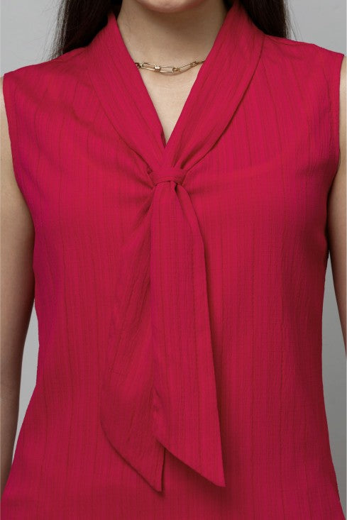 Solid Sleeveless Textured Tie Neck Top
