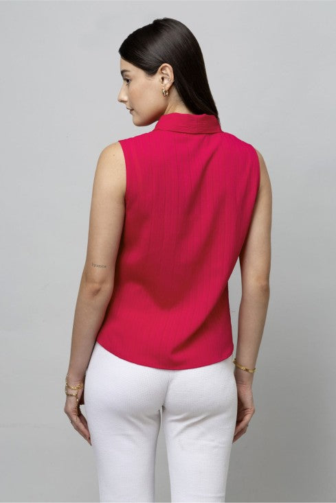 Solid Sleeveless Textured Tie Neck Top