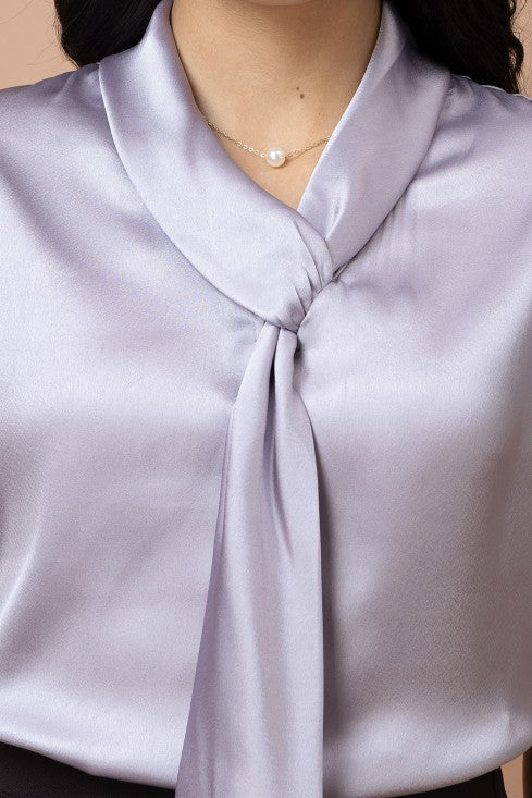 Tie-Up Neck Kimono Sleeves Casual Satin Top