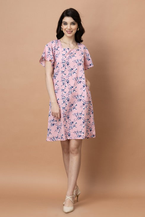 Floral Square Neck Knee Length Dress