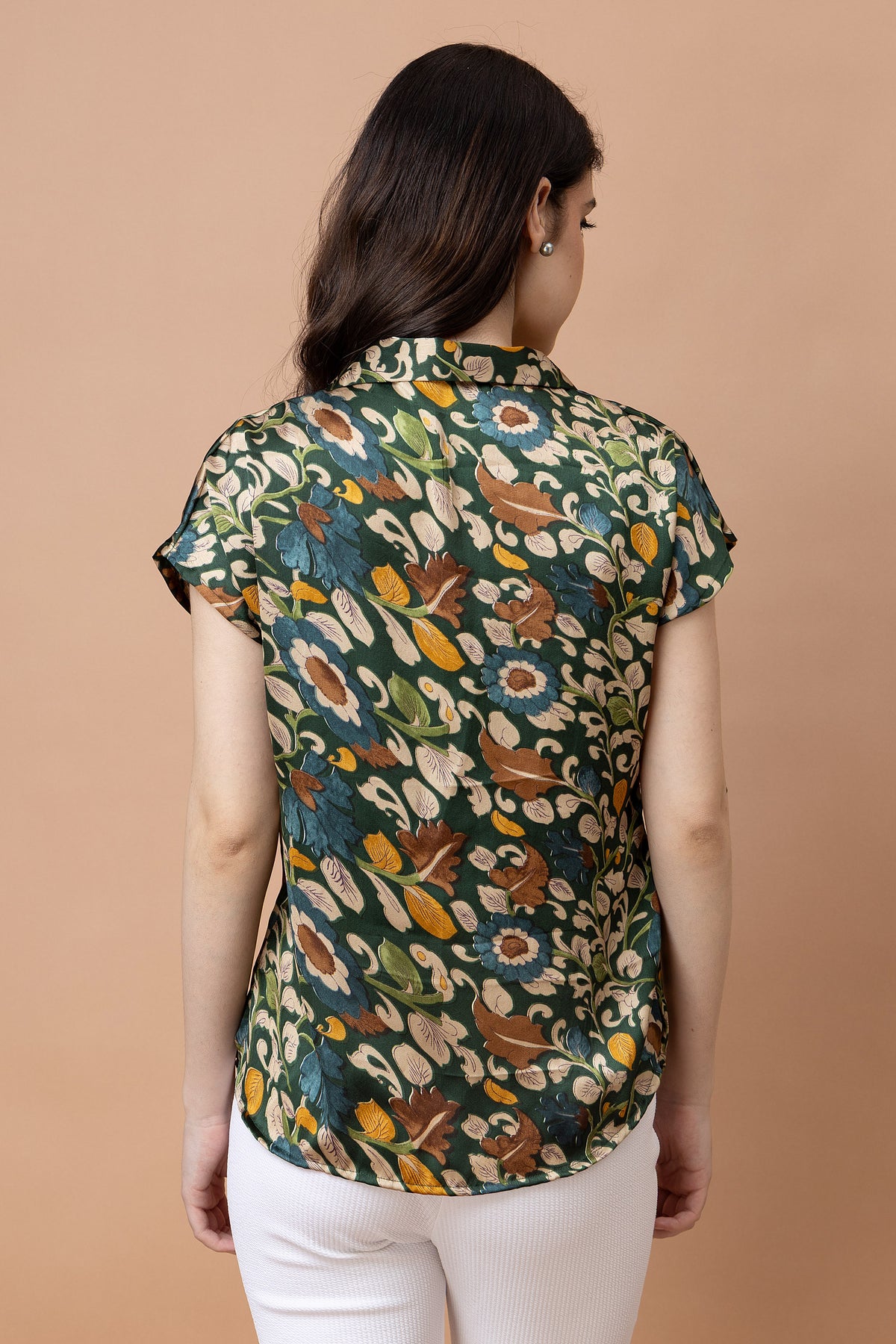 Floral Printed Cuban Collar Satin Shirt