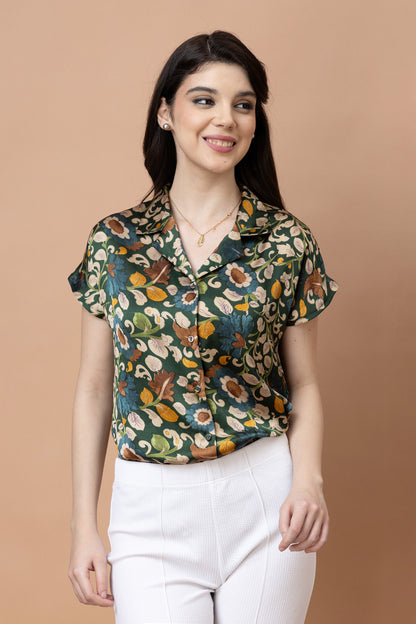 Floral Printed Cuban Collar Satin Shirt