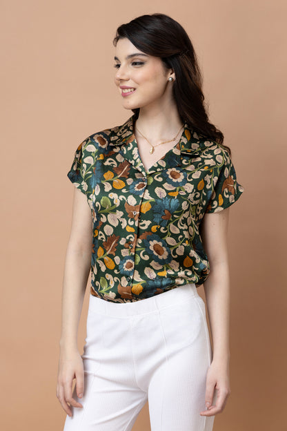 Floral Printed Cuban Collar Satin Shirt