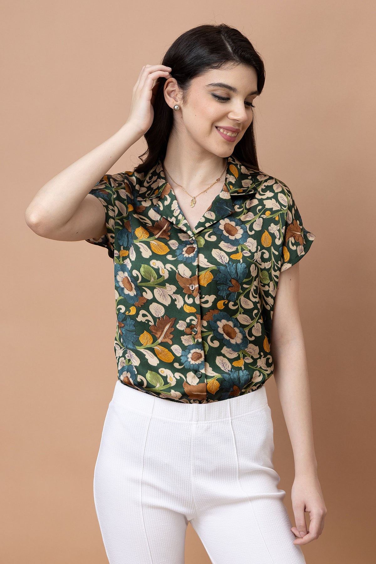 Floral Printed Cuban Collar Satin Shirt