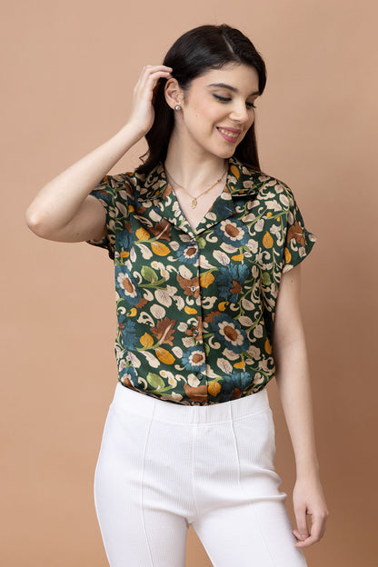 Floral Printed Cuban Collar Satin Shirt