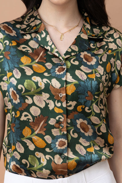 Floral Printed Cuban Collar Satin Shirt