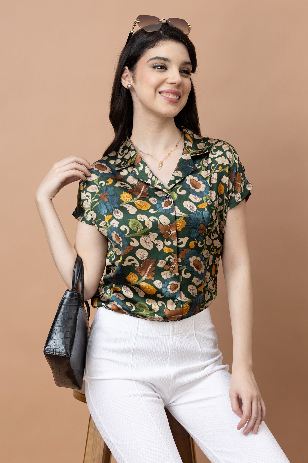 Floral Printed Cuban Collar Satin Shirt