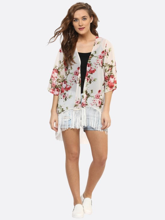 PURYS Printed Floral Ivory Fringe Kimono