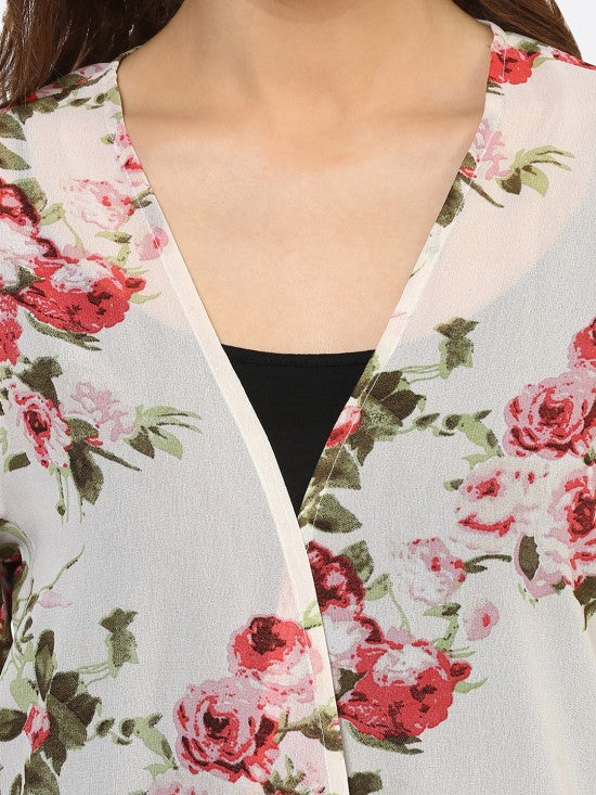 PURYS Printed Floral Ivory Fringe Kimono
