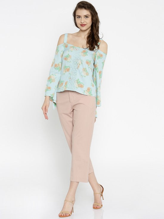 Purys Printed Blue Floral Crepe Center Lace Top