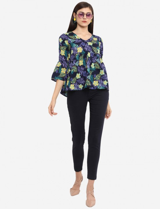 Tropical Printed Bell Sleeves Top