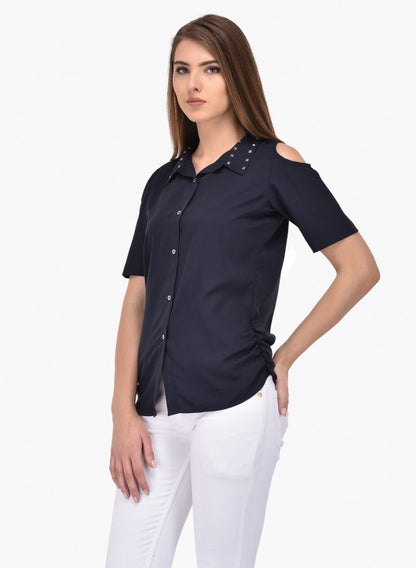 PURYS navy blue embellished cold shoulder shirt