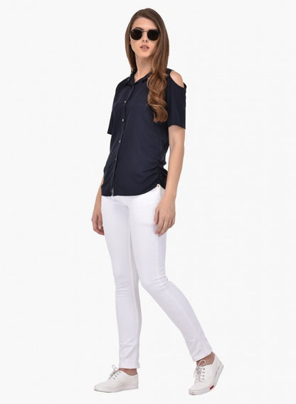 PURYS navy blue embellished cold shoulder shirt