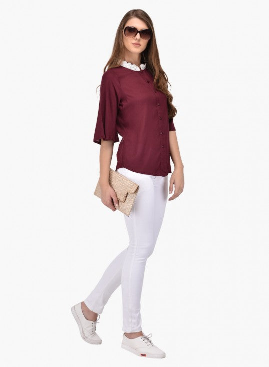 PURYS maroon lace collar buttoned shirt