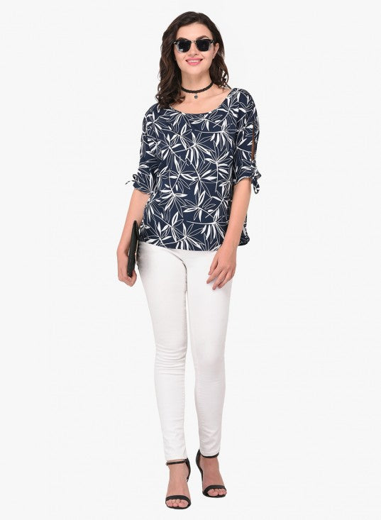 Leaf Print Casual Top With Knot Tie Sleeves
