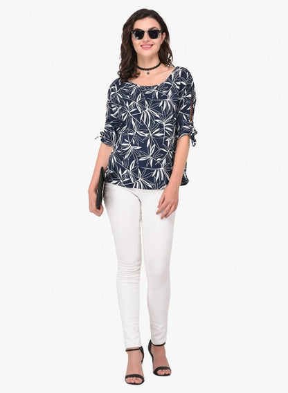 Leaf Print Casual Top With Knot Tie Sleeves