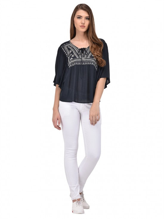 PURYS charcoal embroidery kaftan top
