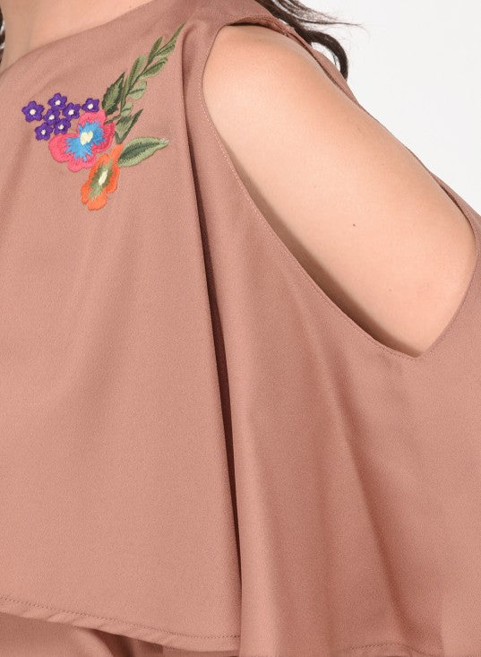 Layered Cold Shoulder Top With Embroidered Motif