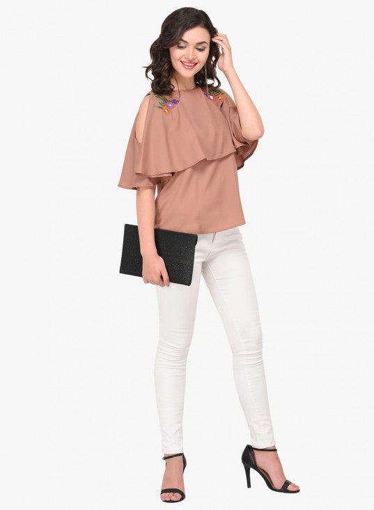 Layered Cold Shoulder Top With Embroidered Motif