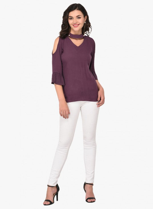 Solid Choker Neck Top With Cold Shoulder Bell Sleeves