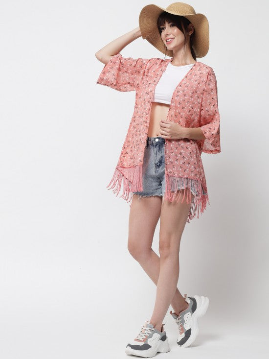Floral print fringe kimono