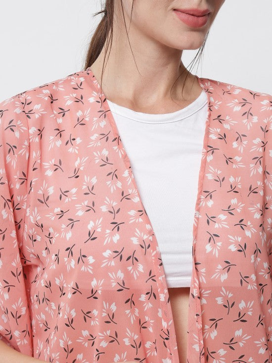 Floral print fringe kimono