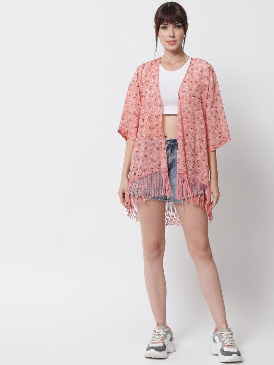 Floral print fringe kimono