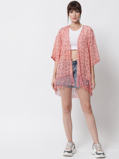 Floral print fringe kimono