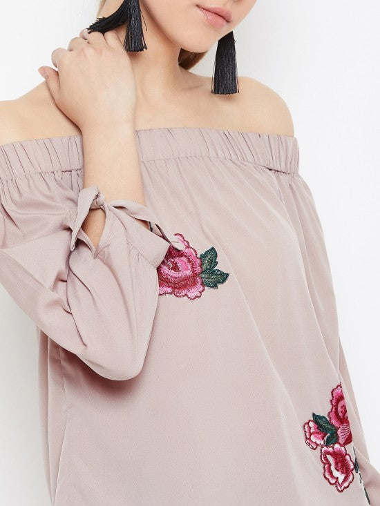 Solid Off Shoulder Top With Floral Patch