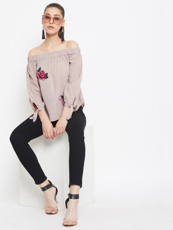 Solid Off Shoulder Top With Floral Patch