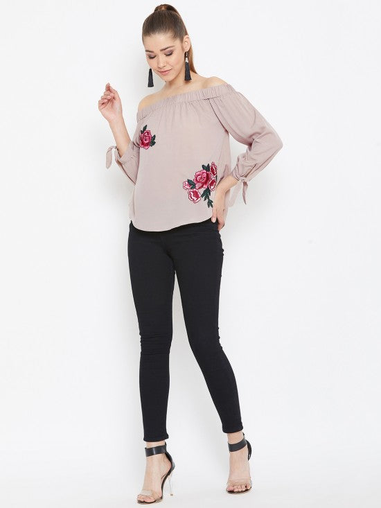 Solid Off Shoulder Top With Floral Patch