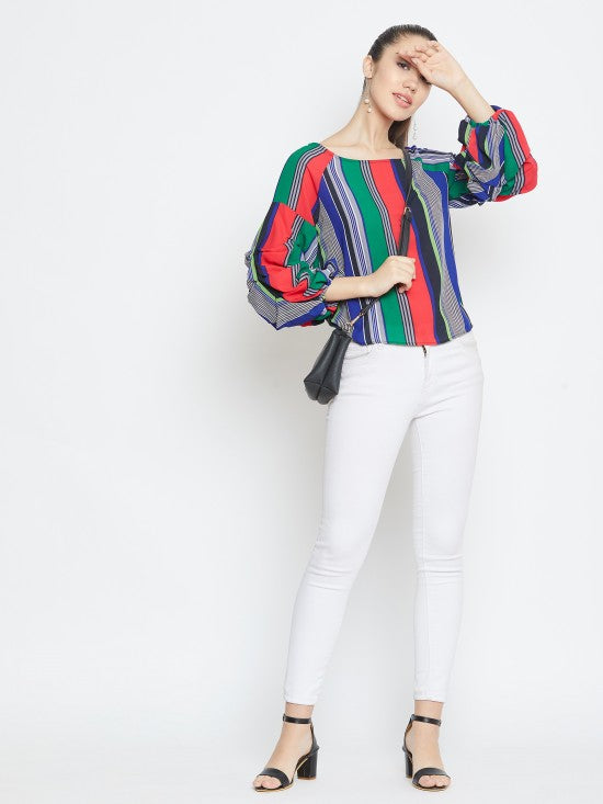 Baloon Tucked Sleeves Stripes Top
