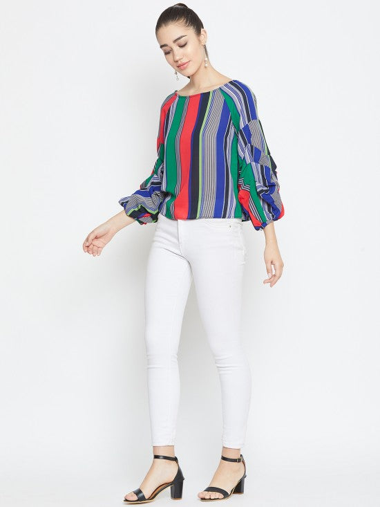 Baloon Tucked Sleeves Stripes Top