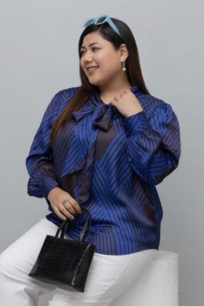 Striped Tie Up Neck Satin Top