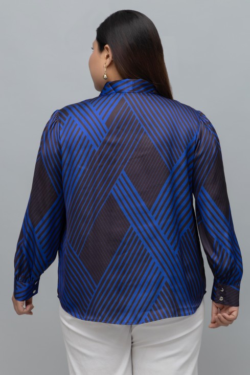 Striped Tie Up Neck Satin Top