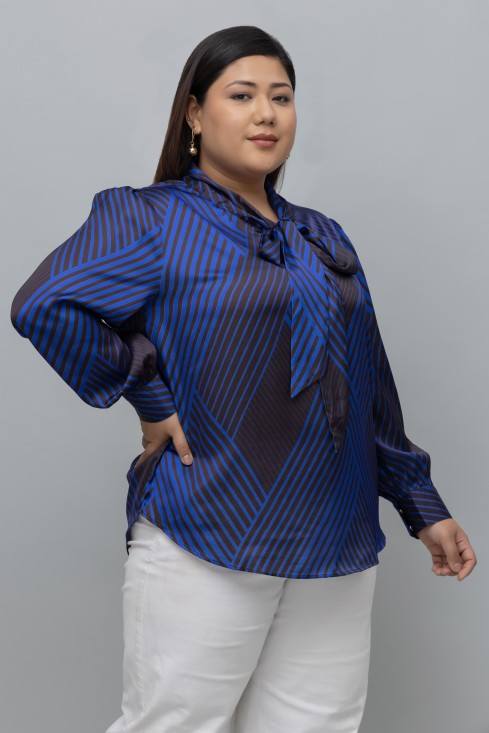 Striped Tie Up Neck Satin Top