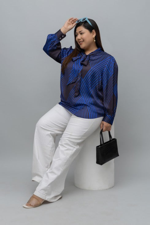 Striped Tie Up Neck Satin Top