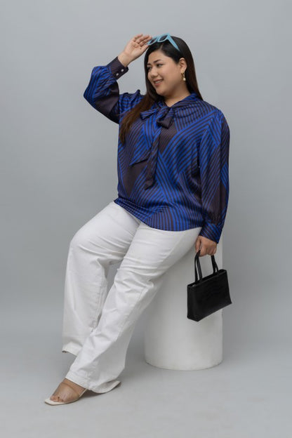 Striped Tie Up Neck Satin Top