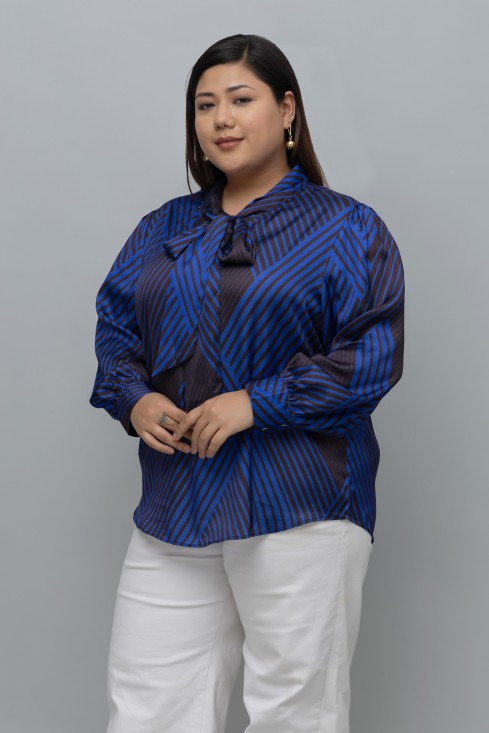 Striped Tie Up Neck Satin Top
