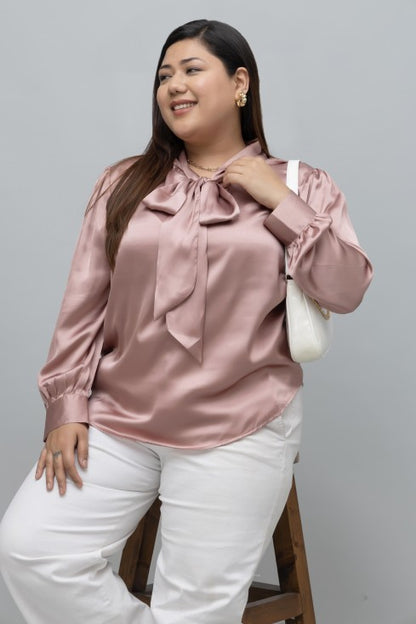 SOLID SATIN TIE NECK TOP