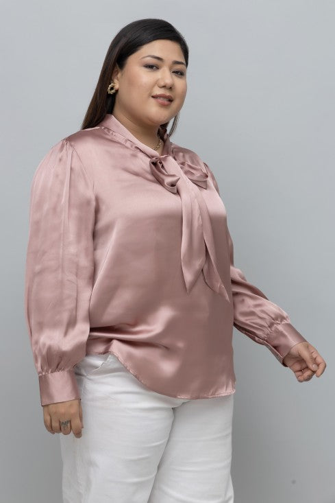 SOLID SATIN TIE NECK TOP
